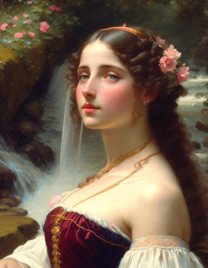 Classical portrait of a woman with flowers in her hair in white dress.