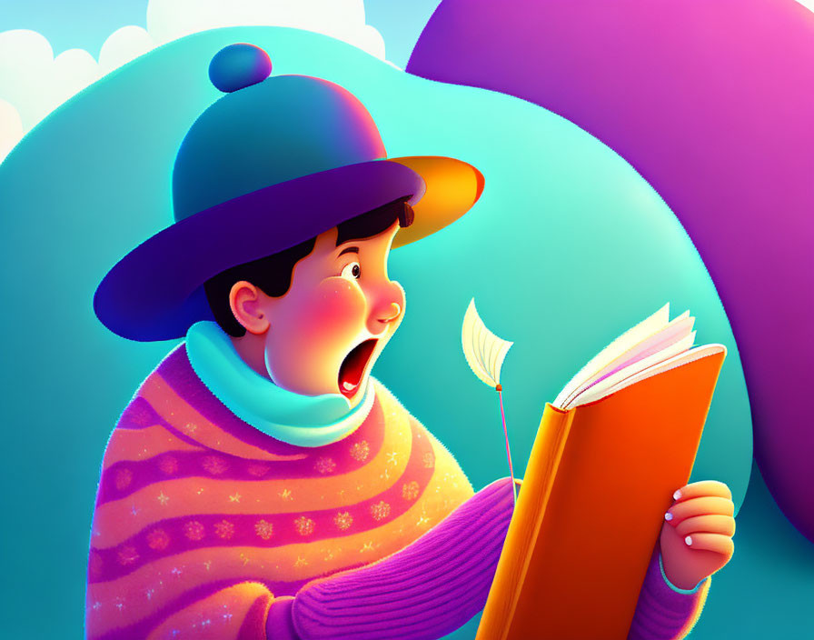 Child reading orange book in purple sweater and blue hat, looking surprised