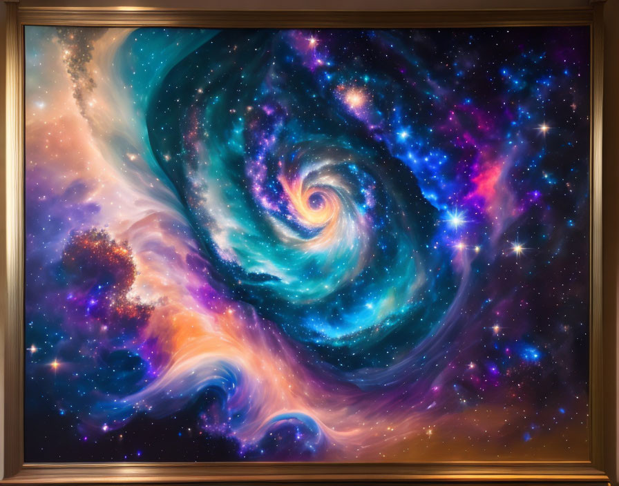 Colorful Galaxy Painting with Stars and Cosmic Clouds in Wooden Frame