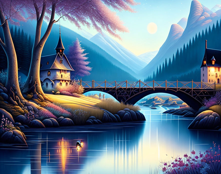 Tranquil twilight lake scene with bridge, houses, mountains, and full moon