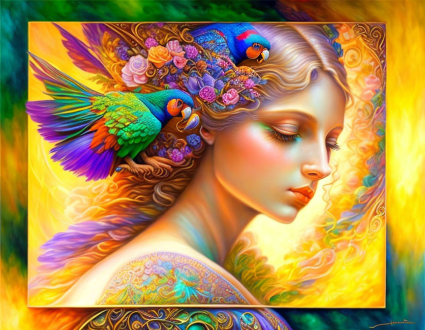 Colorful Birds Hair Woman Portrait in Vibrant Swirling Golden Background