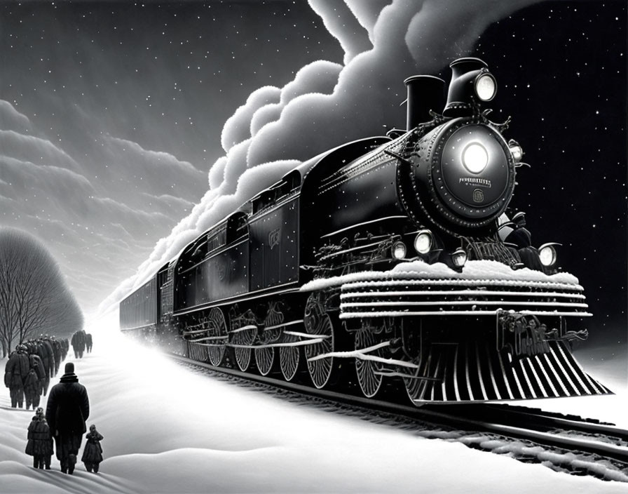 Monochromatic image: people walking to steam locomotive on snow-covered ground