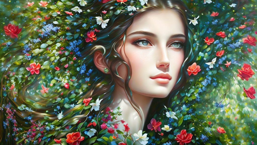 Woman surrounded by vibrant flowers and greenery - Serene expression and detailed features