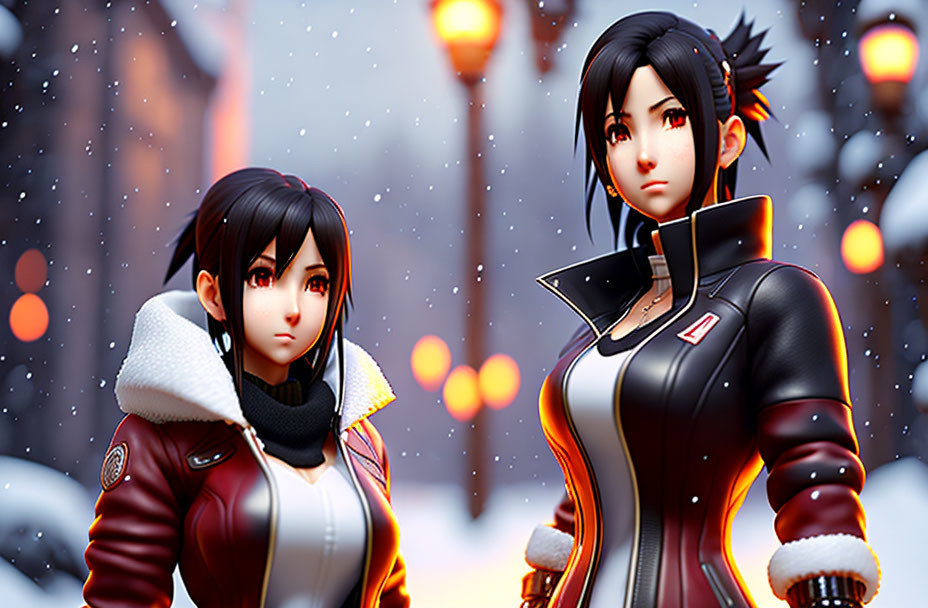 Dark-haired animated characters in futuristic red and black outfits in snowy setting