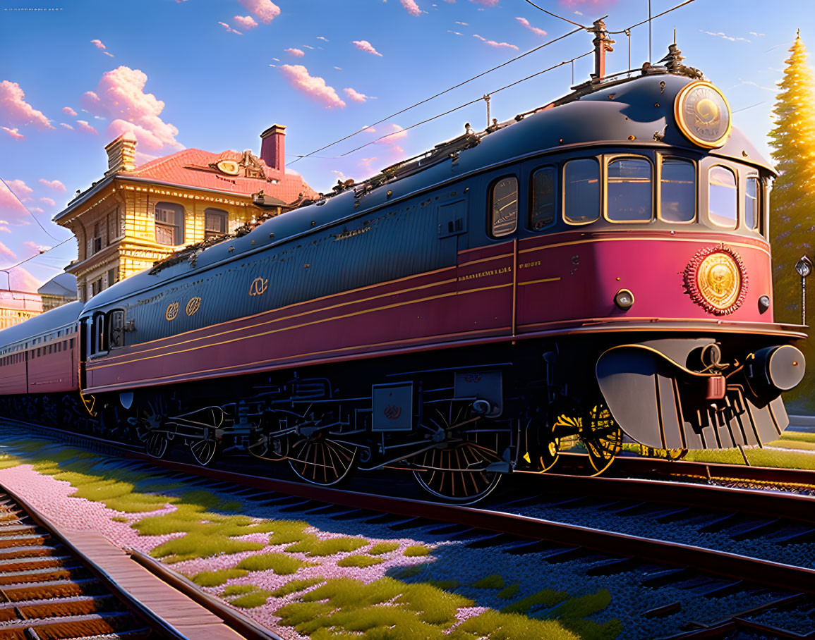 Purple Vintage Locomotive at Sunset Station