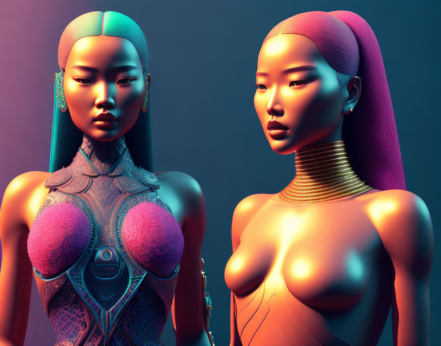 Stylized female figures with intricate bodice designs and sleek hairstyles in colorful setting