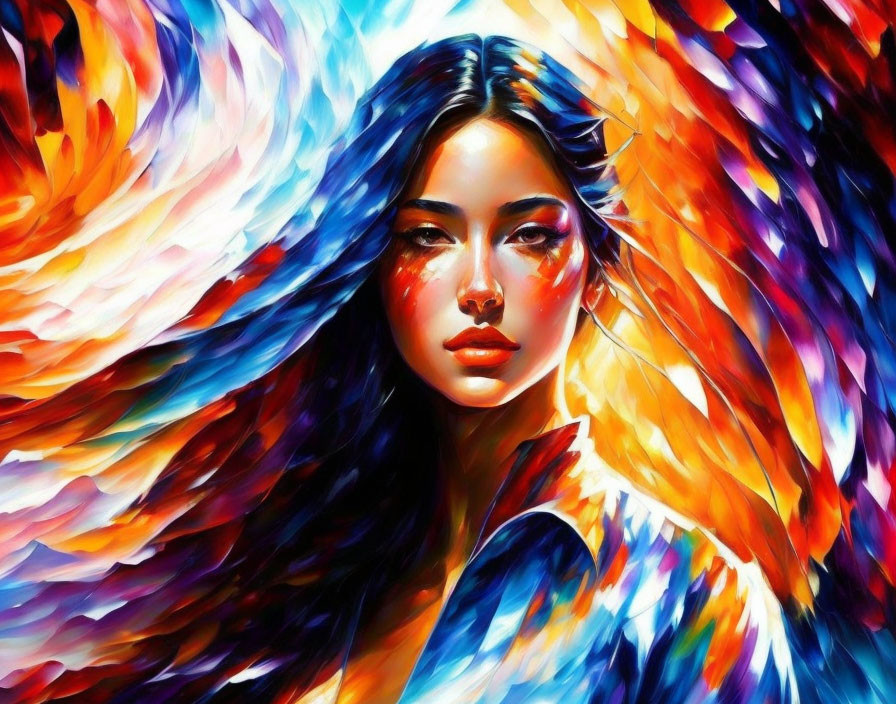 Colorful digital painting of woman with flowing multicolored hair in abstract fiery background