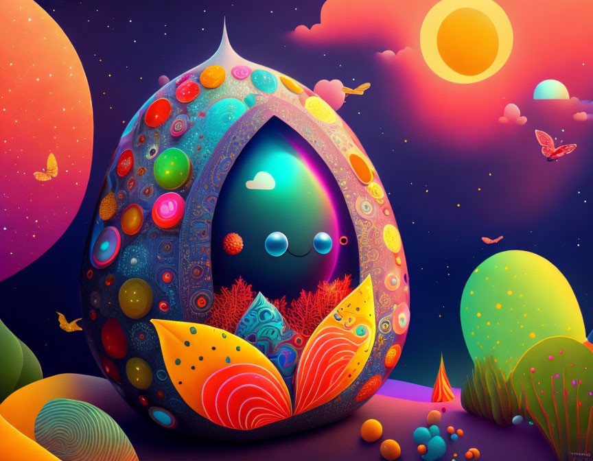 Vibrant cosmic illustration: large ornate egg, glowing interior, otherworldly scenery