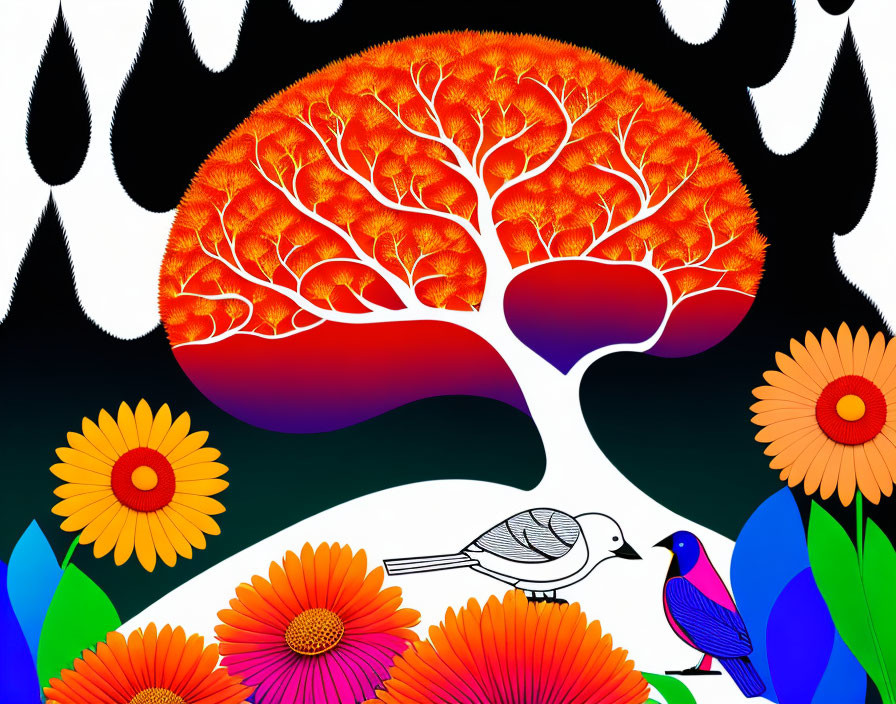 Colorful graphic illustration of fiery red tree, flowers, and birds