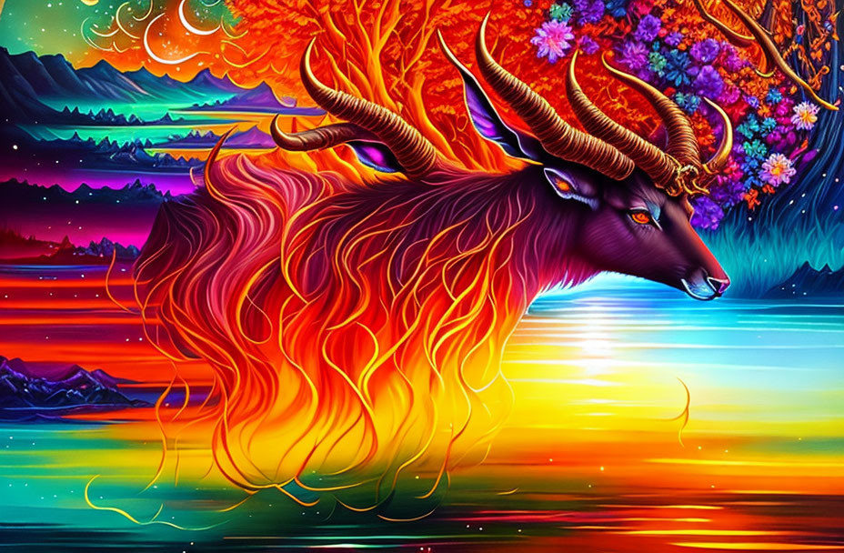 Mythical creature with lion body, antelope horns, tree head, in psychedelic sunset landscape