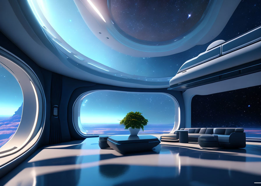 Futuristic Spaceship Interior with Large Windows and Lounge Area