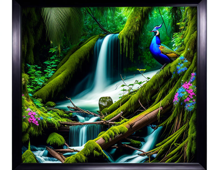 Colorful peacock in lush forest with waterfall