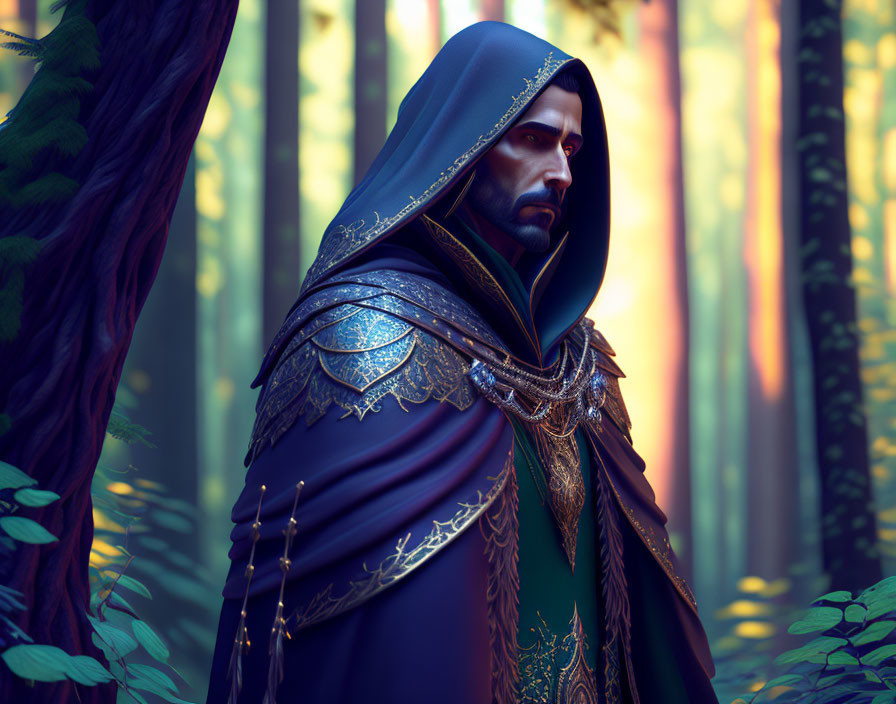 Bearded Man in Hooded Cloak with Ornate Armor in Forest Setting