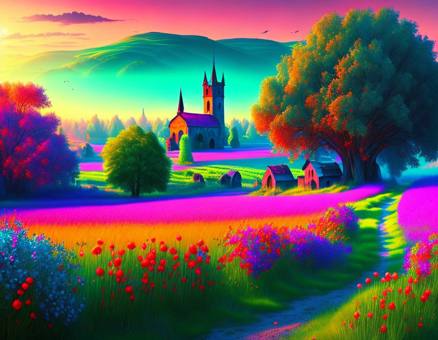 Colorful Landscape with Church, Blooming Fields, and Rolling Hills