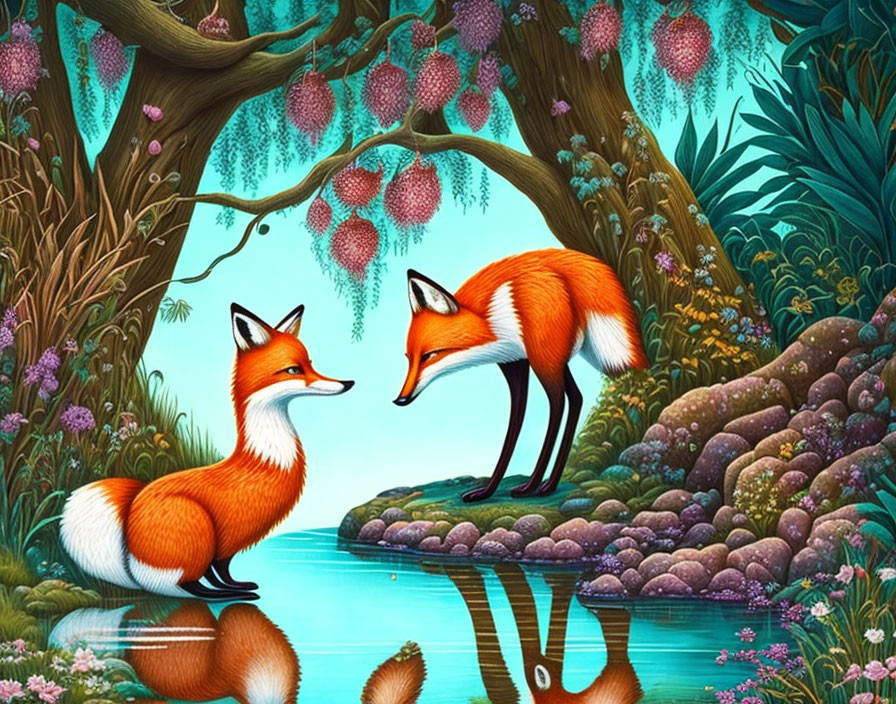 Vibrant forest scene: Two foxes by water with rich flora and hanging fruits