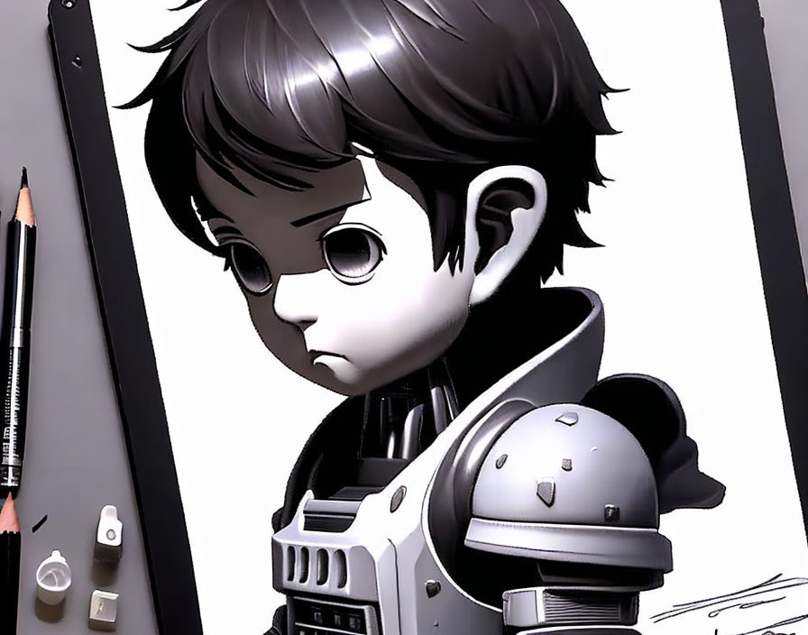 Stylized young boy in futuristic armor with expressive eyes and pencil