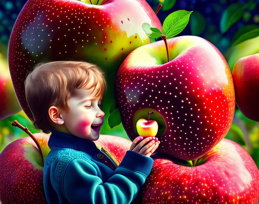 Child admires series of growing apples in hand against orchard backdrop