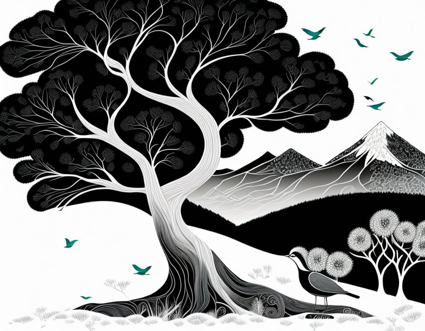 Detailed black and white tree illustration with birds, mountains, and flora