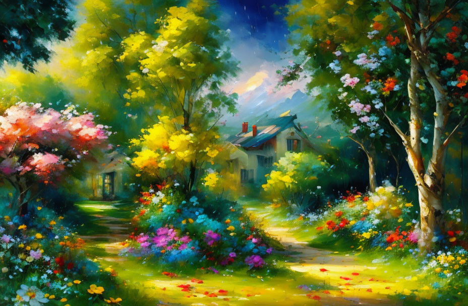 Colorful Cottage Painting Surrounded by Flowers and Trees