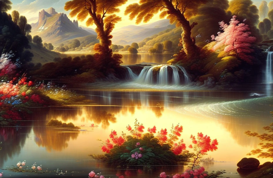 Tranquil landscape: waterfall, river, vibrant flora, colorful sunset