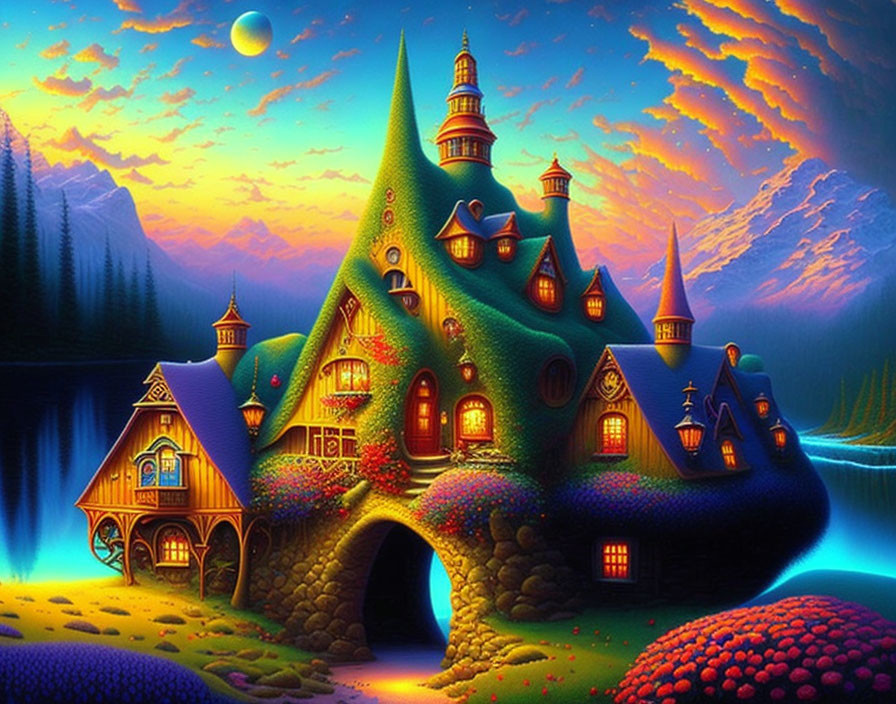 Colorful illuminated cottages in lush fantasy landscape