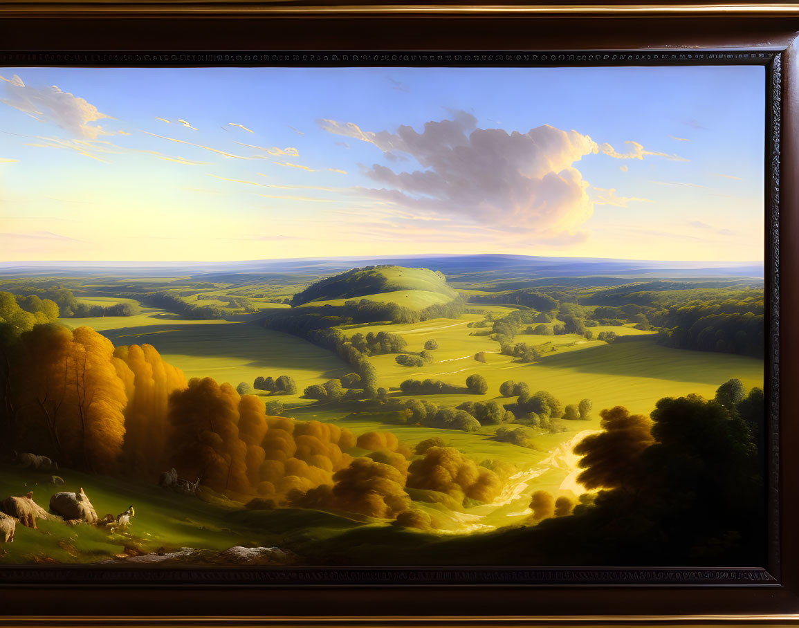 Framed painting: Bucolic landscape at sunset with hills, trees, river, cows