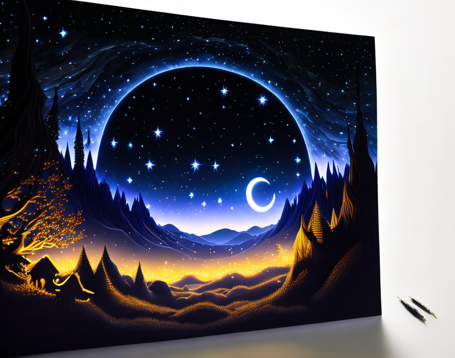 Night scene painting with crescent moon, stars, forest, tent, and pen on easel