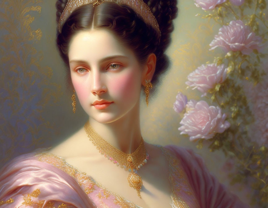 Elaborate Hairstyle and Pink Dress in Classical Portrait