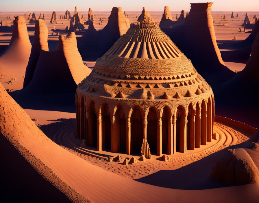 Intricately designed sandcastle with towers and arches in desert sunset