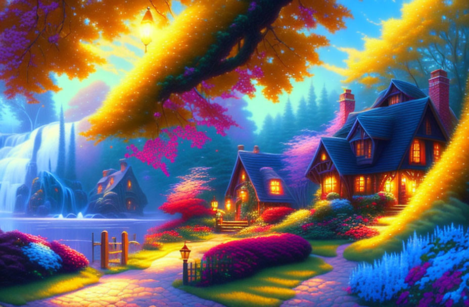 Colorful Cottage Scene with Gardens, Waterfall, and Twilight Lights