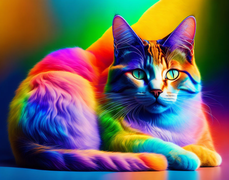 Colorful Digital Artwork: Cat with Rainbow Fur Pattern