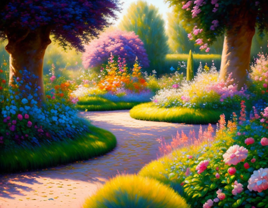 Lush garden path with vibrant flowers and trees at sunset