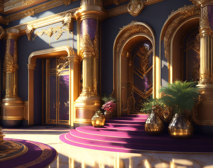 Opulent interior: golden columns, intricate wall panels, vases with greenery, purple carpeted