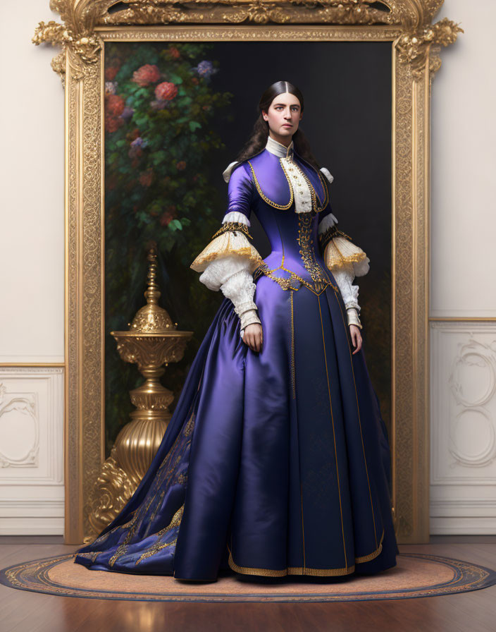 Regal woman in blue and gold Renaissance dress with ornate frame.