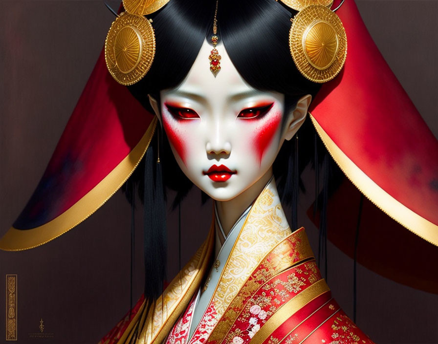 Illustration of woman in red & white makeup, Japanese attire, golden hair ornaments