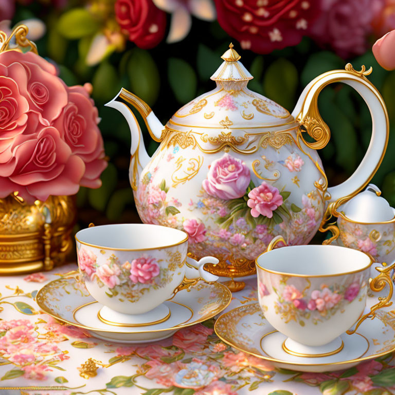 Porcelain tea set with floral patterns on tablecloth among roses