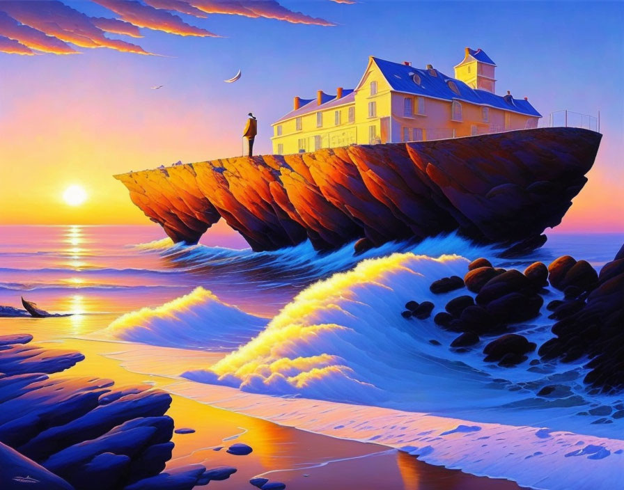 Surreal image: person on ship-shaped cliff under vibrant sunset