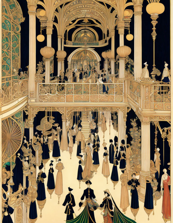 Art Deco style illustration of elegantly dressed people in ornate ballroom