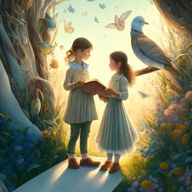 Young girls reading in magical forest with butterflies and bird