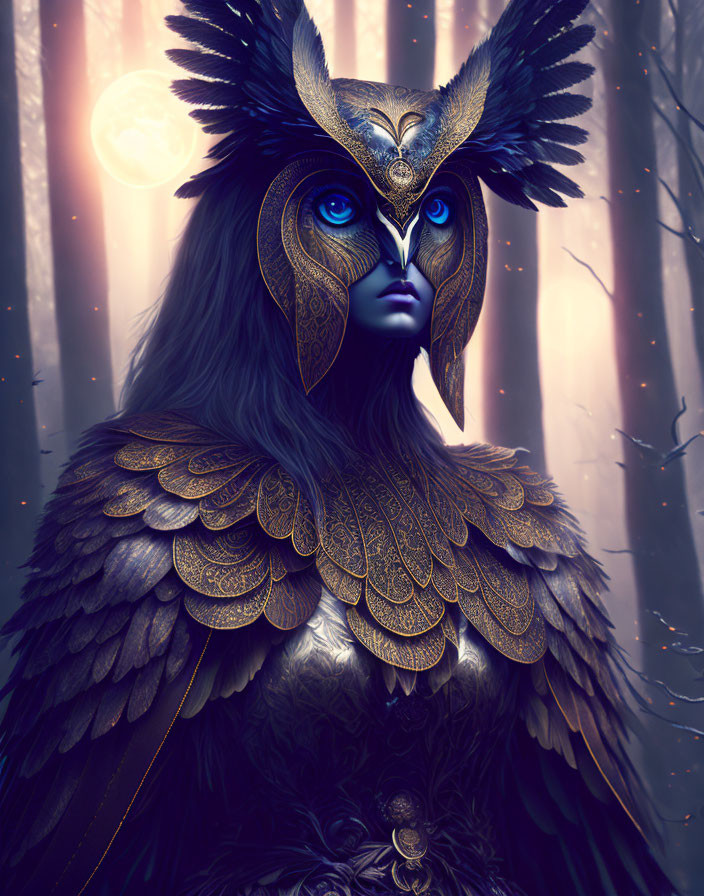 Detailed humanoid figure with owl features in moonlit forest