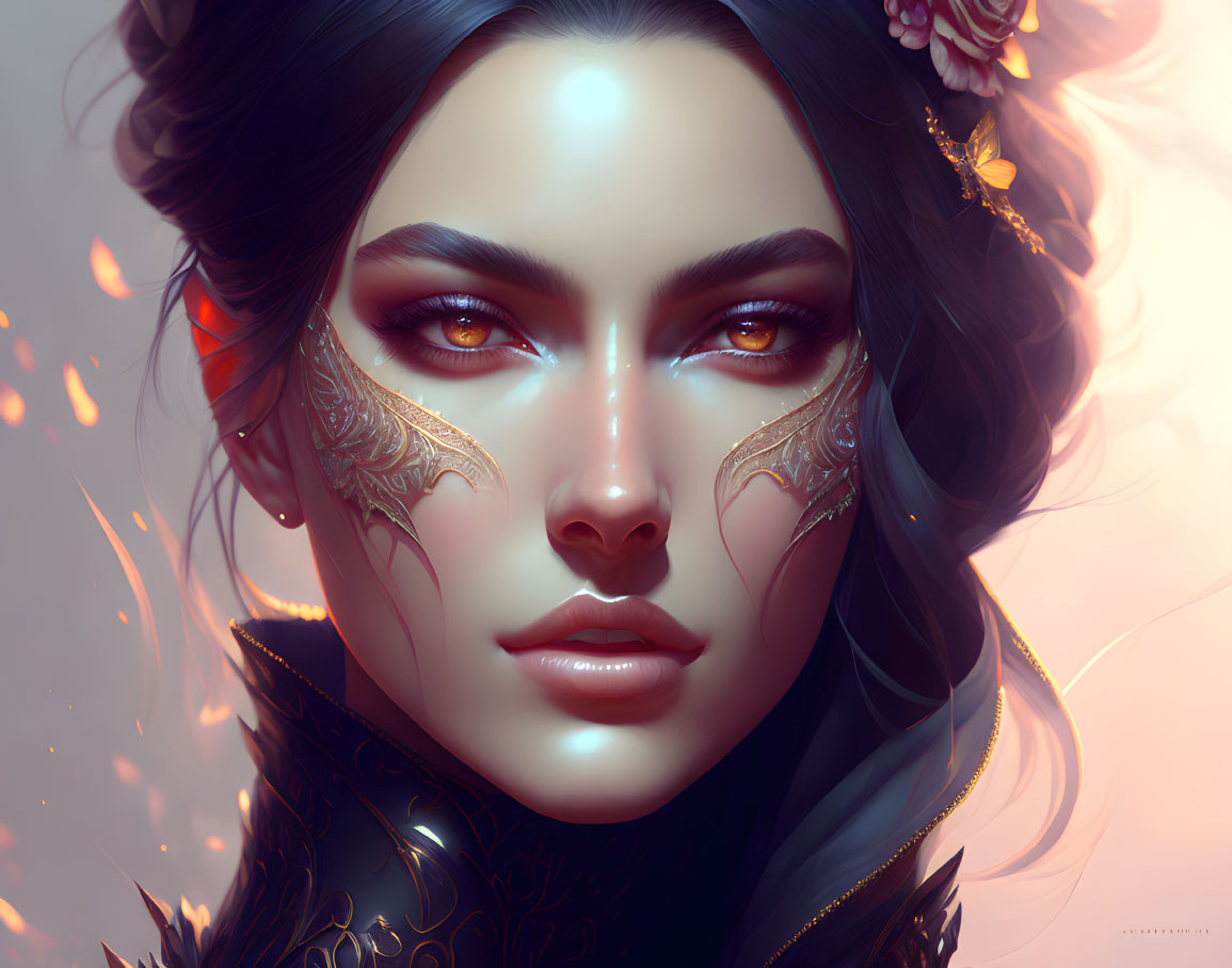 Digital portrait of woman with red eyes, gold eye tattoos, dark hair, and ember particles.