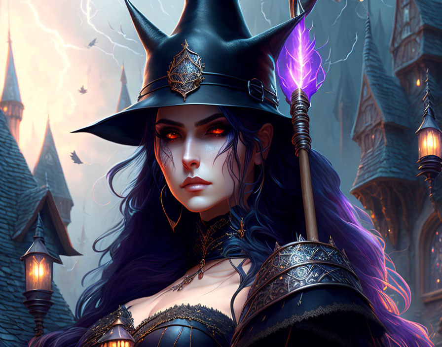 Fantasy witch digital art: purple-eyed, staff, armor, castle