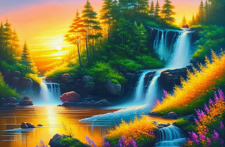 Colorful Sunset Landscape with Waterfalls and Trees