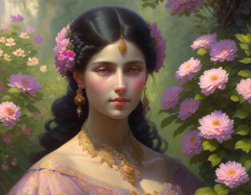 Woman with Gold Headpiece and Off-Shoulder Top Among Pink Flowers