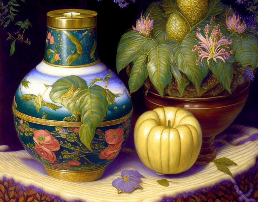 Decorative vase and bowl with botanical designs beside golden apple on draped cloth.