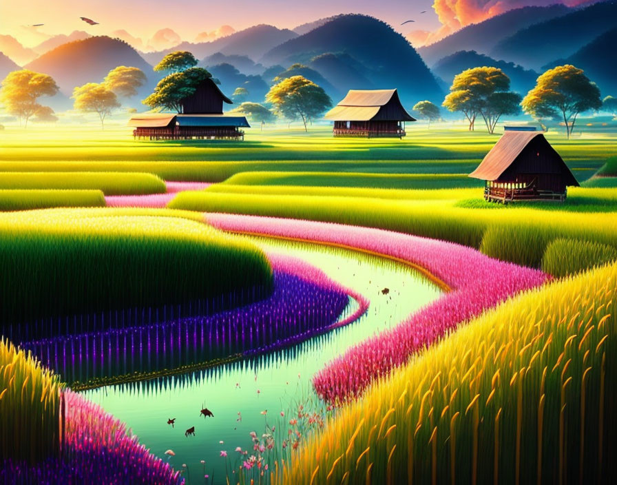 Colorful rural landscape with terraced fields, traditional houses, river, hills, and sunset sky