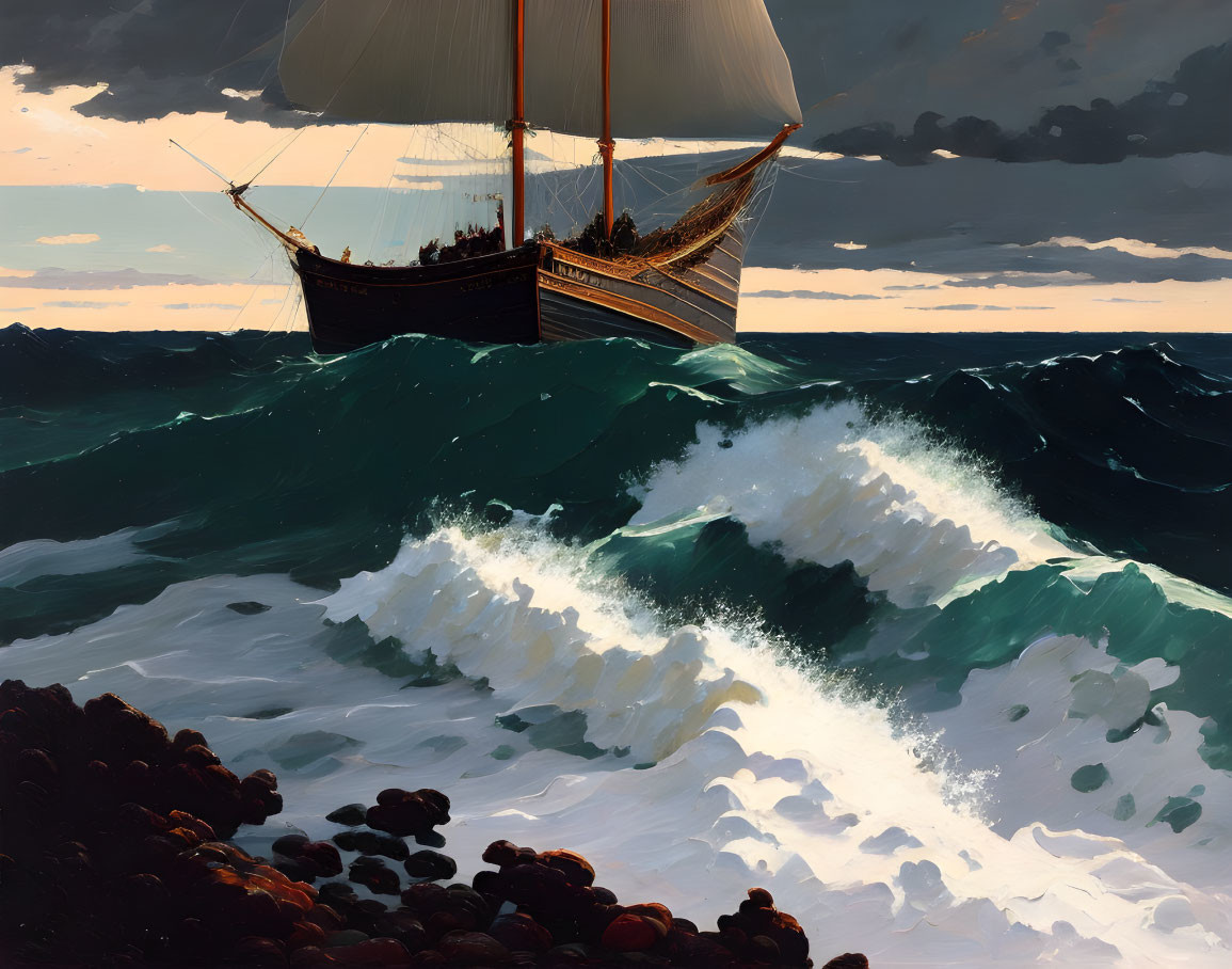 Sailing ship navigating stormy seas near rocky shore under dramatic sky