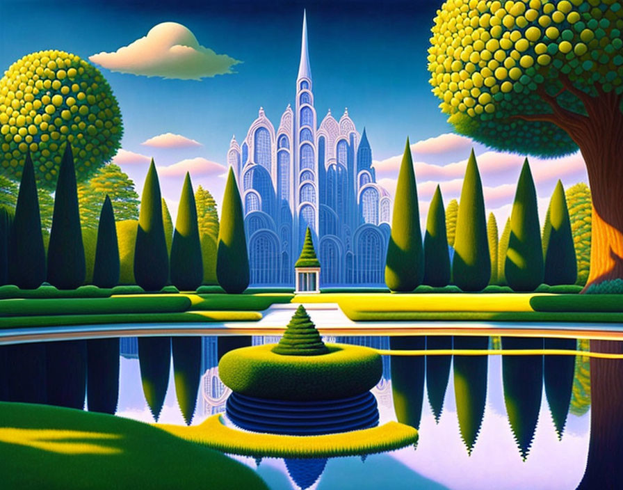 Symmetrical Gothic spire in vibrant surreal landscape