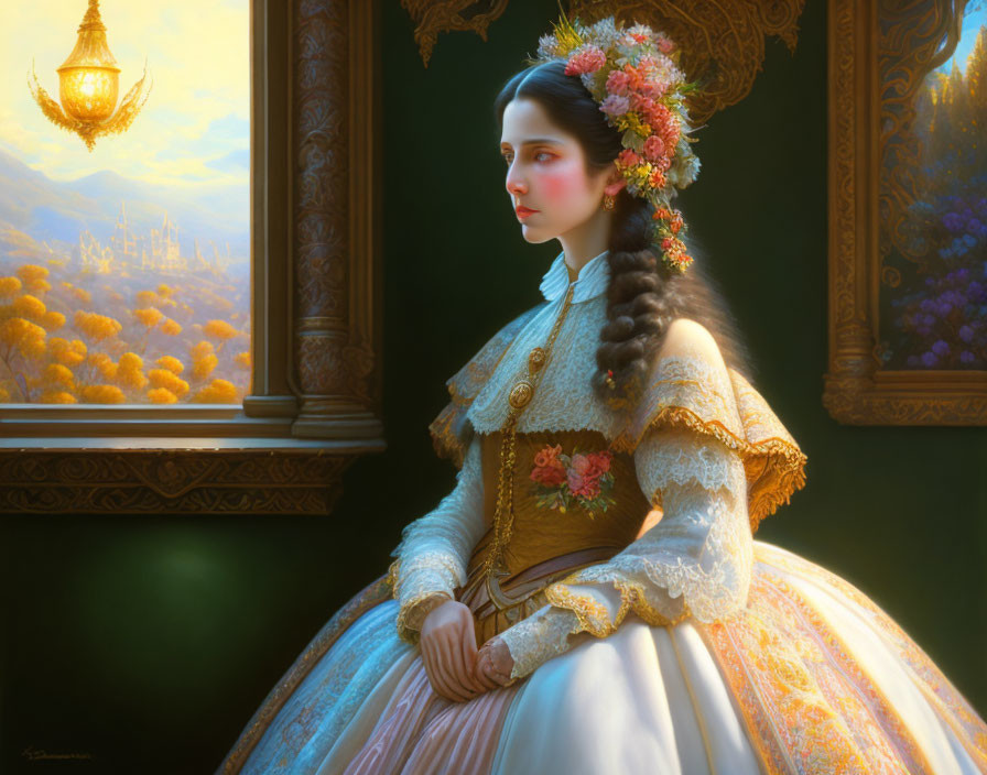 Historical woman in ornate dress by window with painted landscape