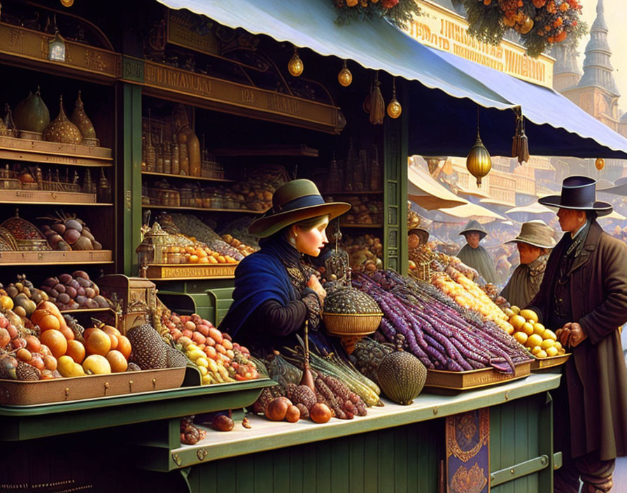 Woman in blue hat browsing fruit at vibrant market stall